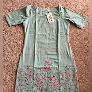NWT sage green dress with floral embroidery